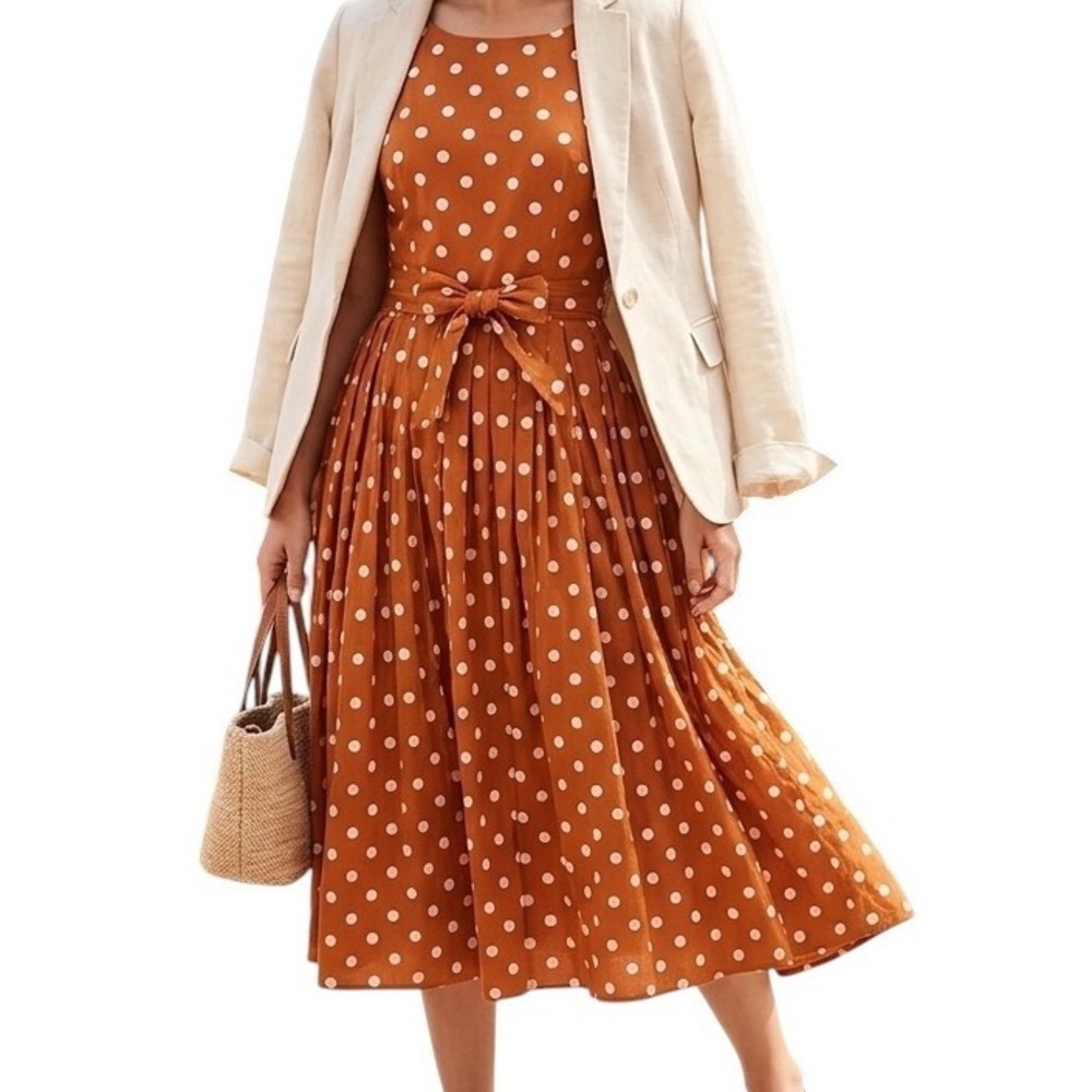 Lands End Orange Polka Dot Cotton Fit Flare Midi Dress Bow Belt Rockabilly‎ 10